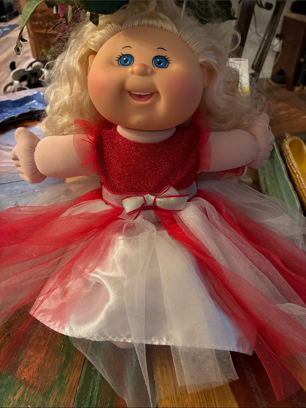 Plush Blonde Doll in Red and White Tulle Dress - Kids Toy